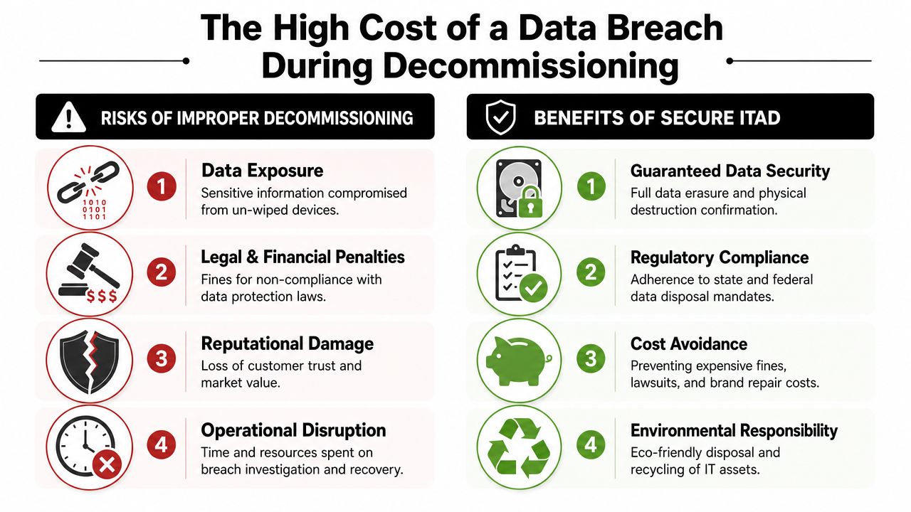An infographic showing the risks of improper data decommissioning versus the benefits of secure ITAD services.