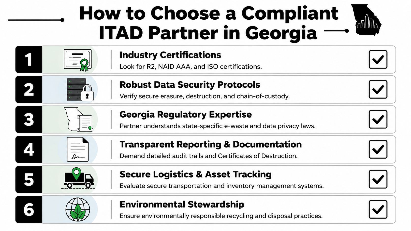A numbered infographic guiding businesses on how to choose a compliant ITAD partner in Georgia.