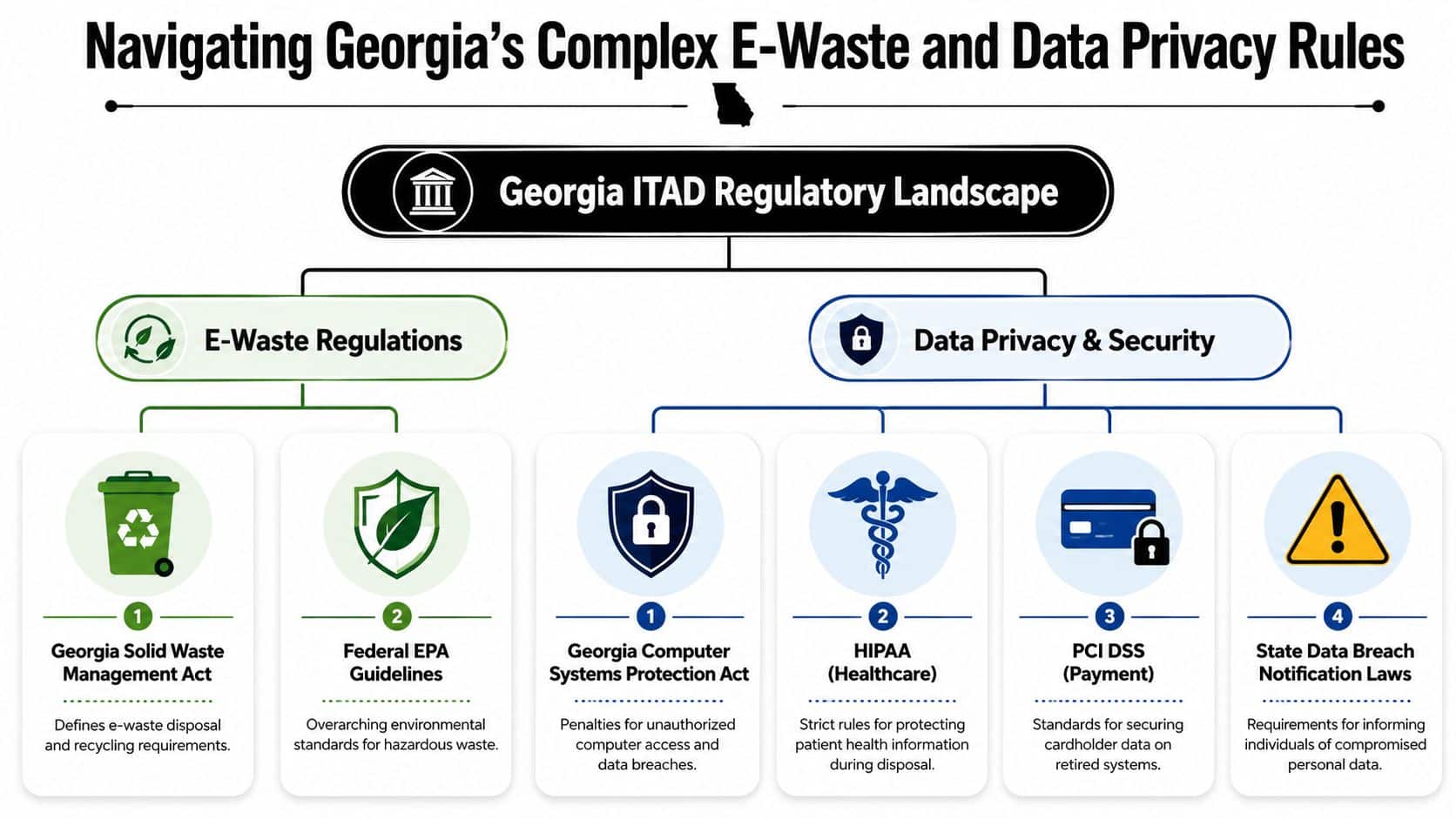 A flowchart infographic explaining the complex e-waste management and data privacy regulations for Georgia businesses.