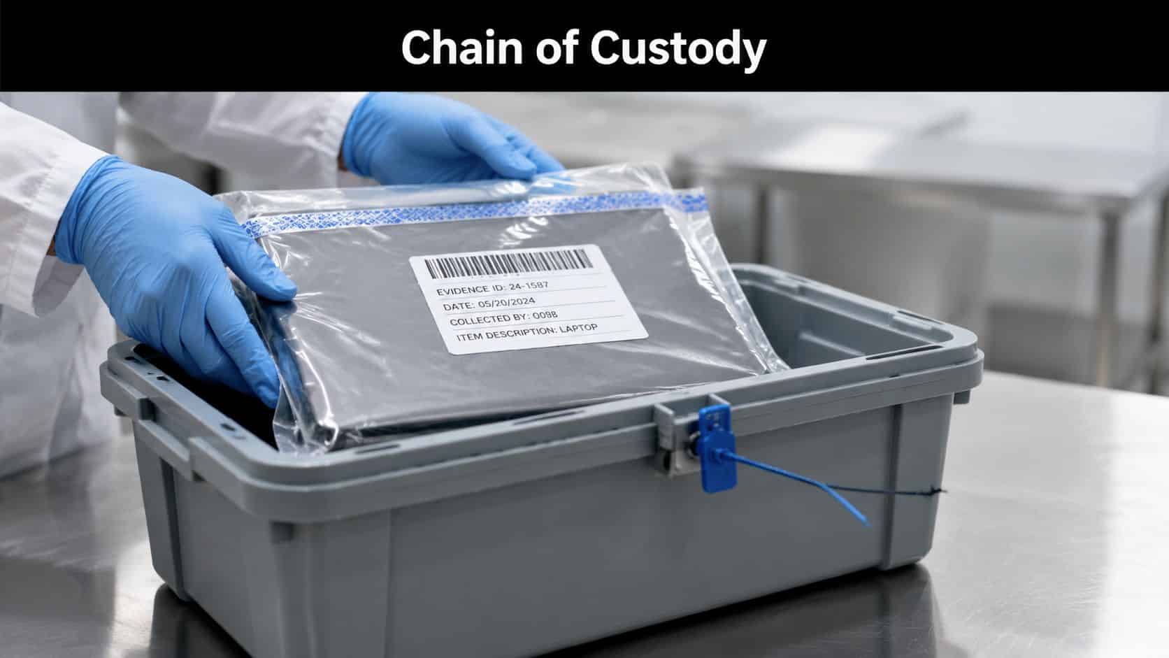 A person in blue latex gloves placing an evidence bag containing a laptop into a plastic bin.