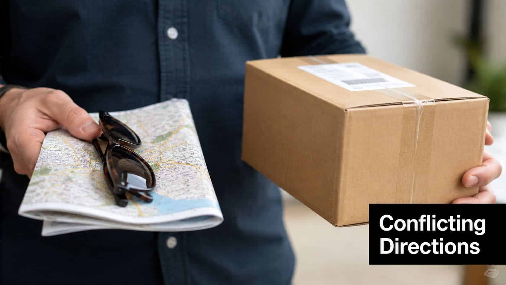 A delivery person holding a cardboard shipping box and a map with sunglasses resting on it.