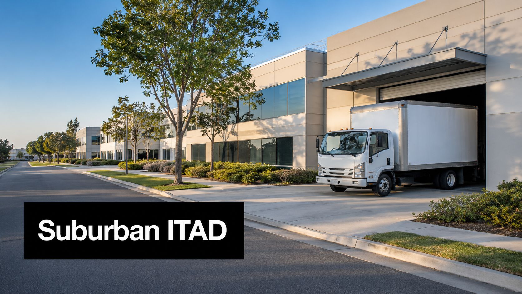 A white delivery truck parked at a modern warehouse facility in an industrial suburban business park.