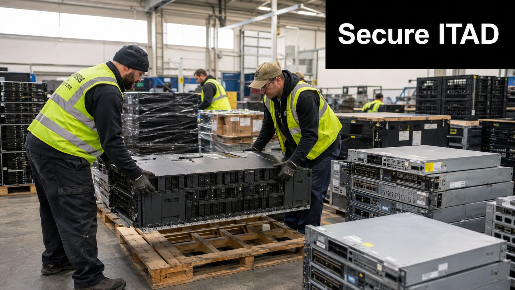 Two warehouse workers in high-visibility vests lifting a server unit from a pallet in a facility.