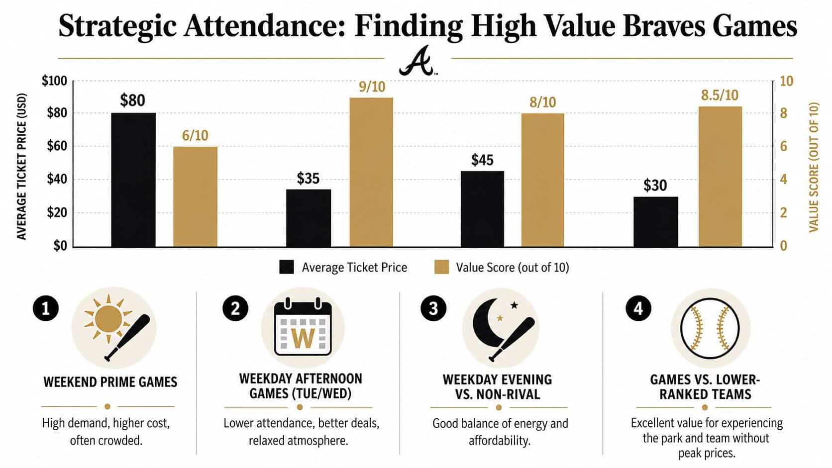 A bar chart comparing average ticket prices and value scores for different Atlanta Braves game categories.