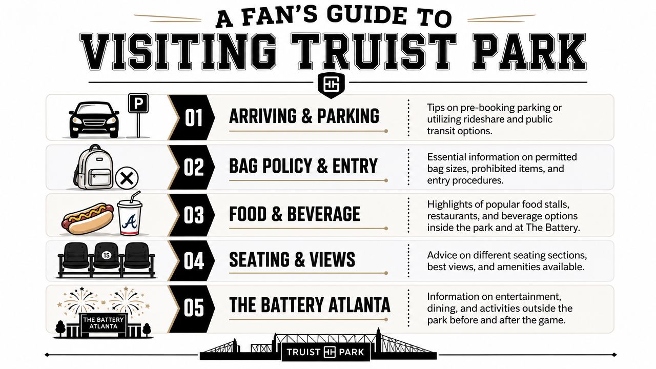 An infographic titled A Fan's Guide to Visiting Truist Park outlining parking, bags, food, seating, and entertainment.