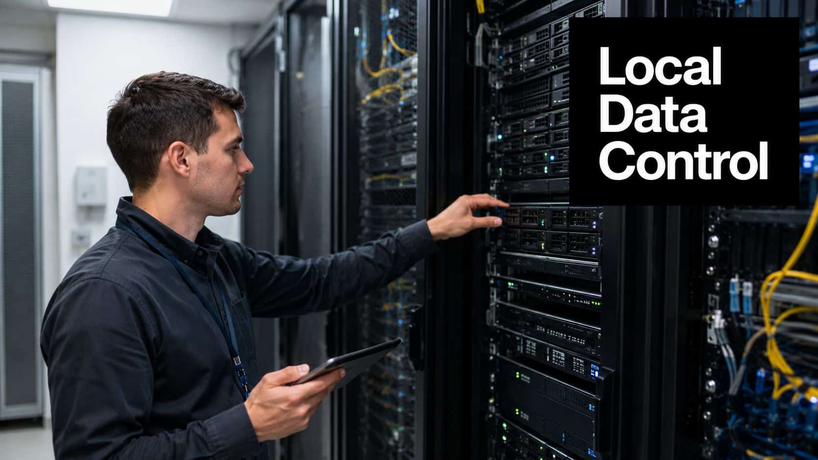 An IT professional using a digital tablet to inspect server hardware within a modern data center facility.