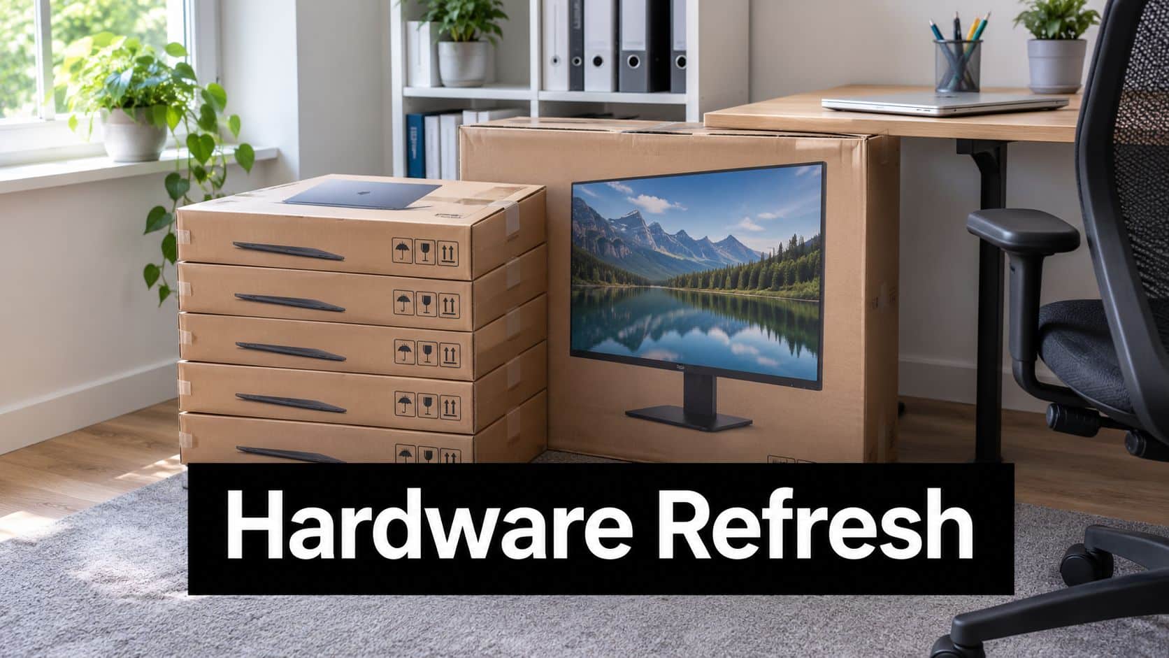A pile of cardboard boxes containing new laptops and a monitor for an office hardware technology refresh.