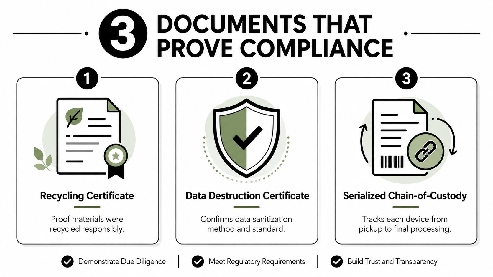 An infographic showing three essential documents for compliance, including recycling and data destruction certificates, plus chain-of-custody documentation.