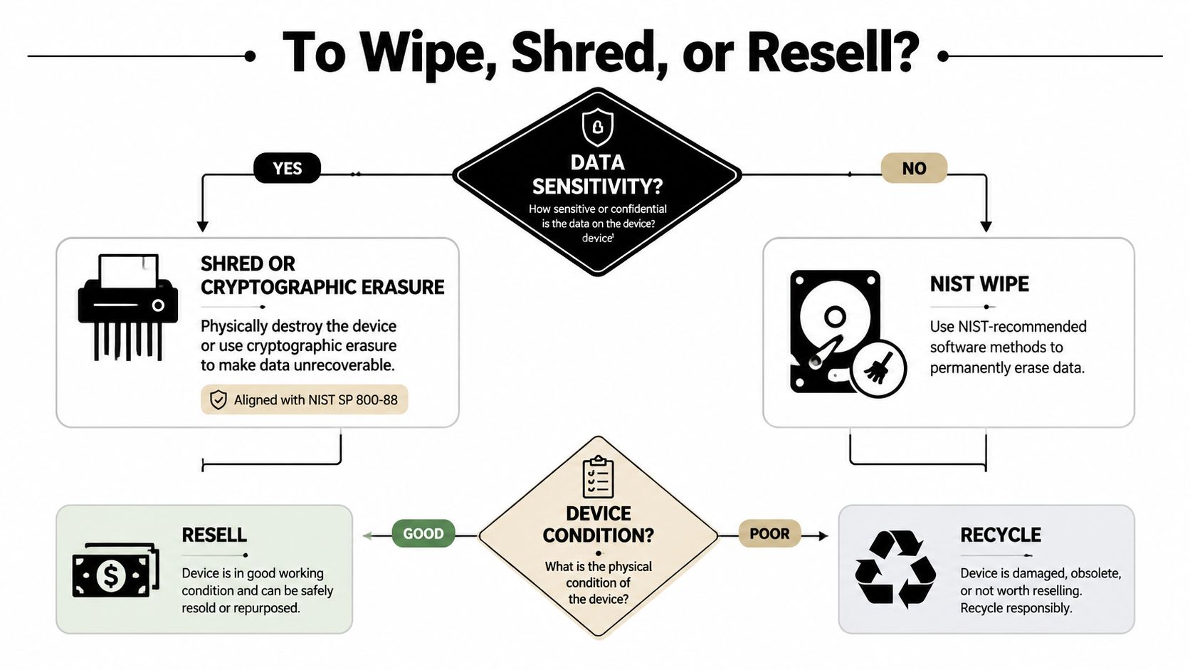 A flowchart explaining the decision process for choosing between wiping, shredding, or reselling electronic devices.