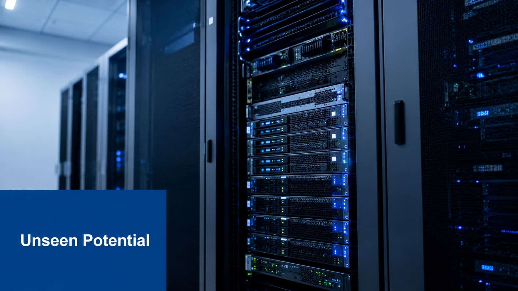 A modern server rack in a dark data center environment with blue glowing status indicator lights.