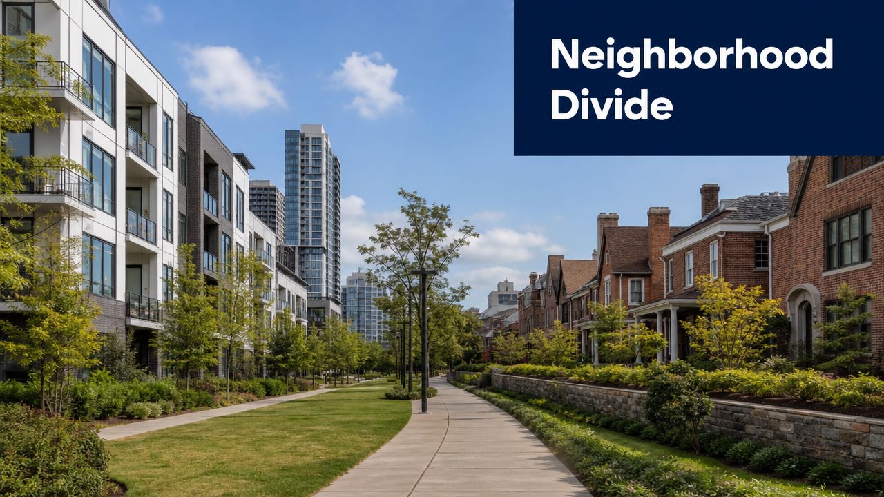 A modern apartment complex stands across a green path from traditional brick houses in an urban setting.