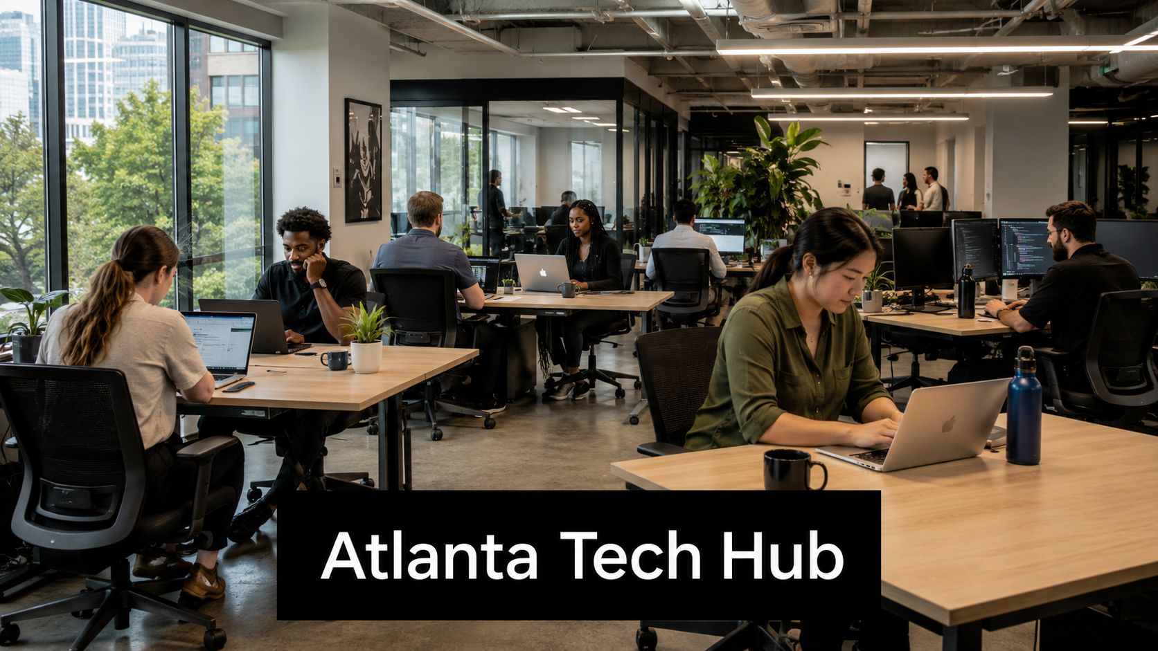 A diverse group of professionals working on laptops in a modern, well-lit Atlanta office workspace.