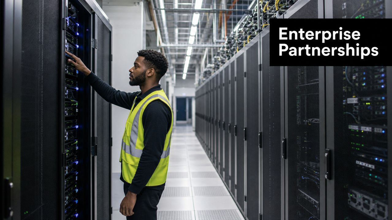 A technician wearing a reflective safety vest inspecting server equipment inside a high-tech data center facility.