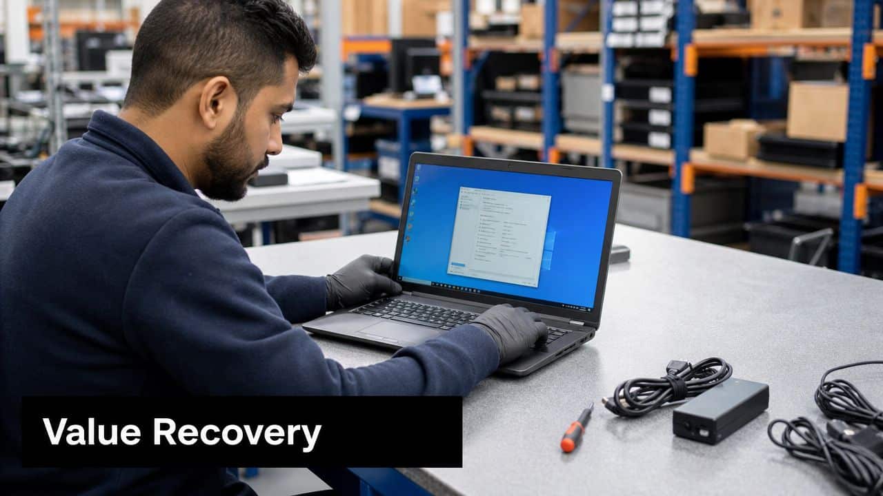A technician wearing black gloves repairing a laptop in a structured warehouse environment for value recovery.