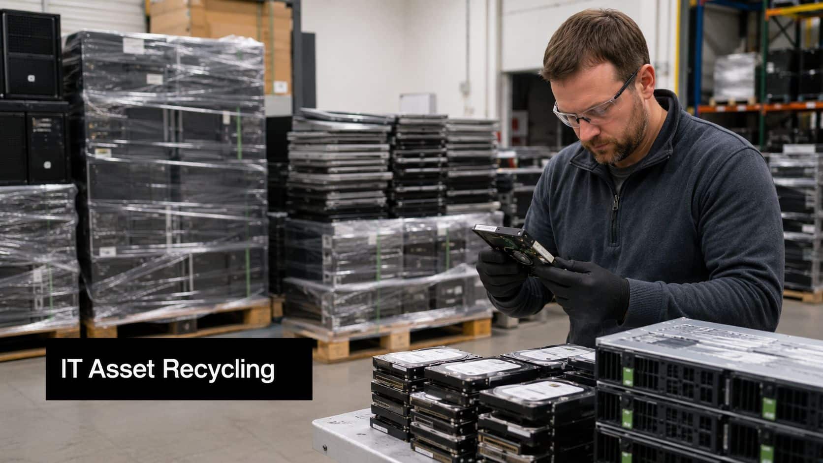 A technician wearing safety glasses and black gloves examines a hard drive in a tech warehouse.
