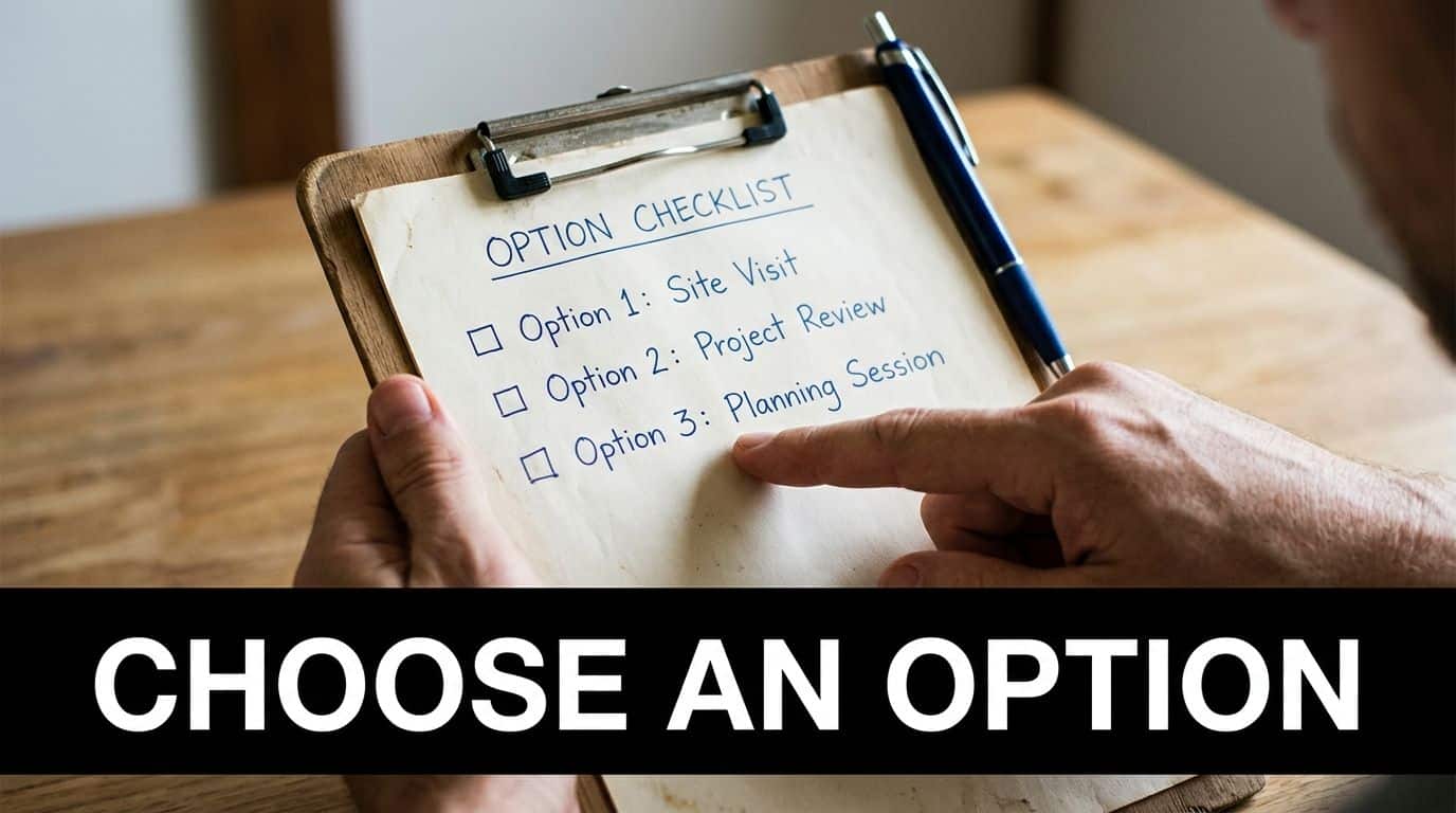 A person holding a clipboard with an option checklist of site visit, project review, and planning session.