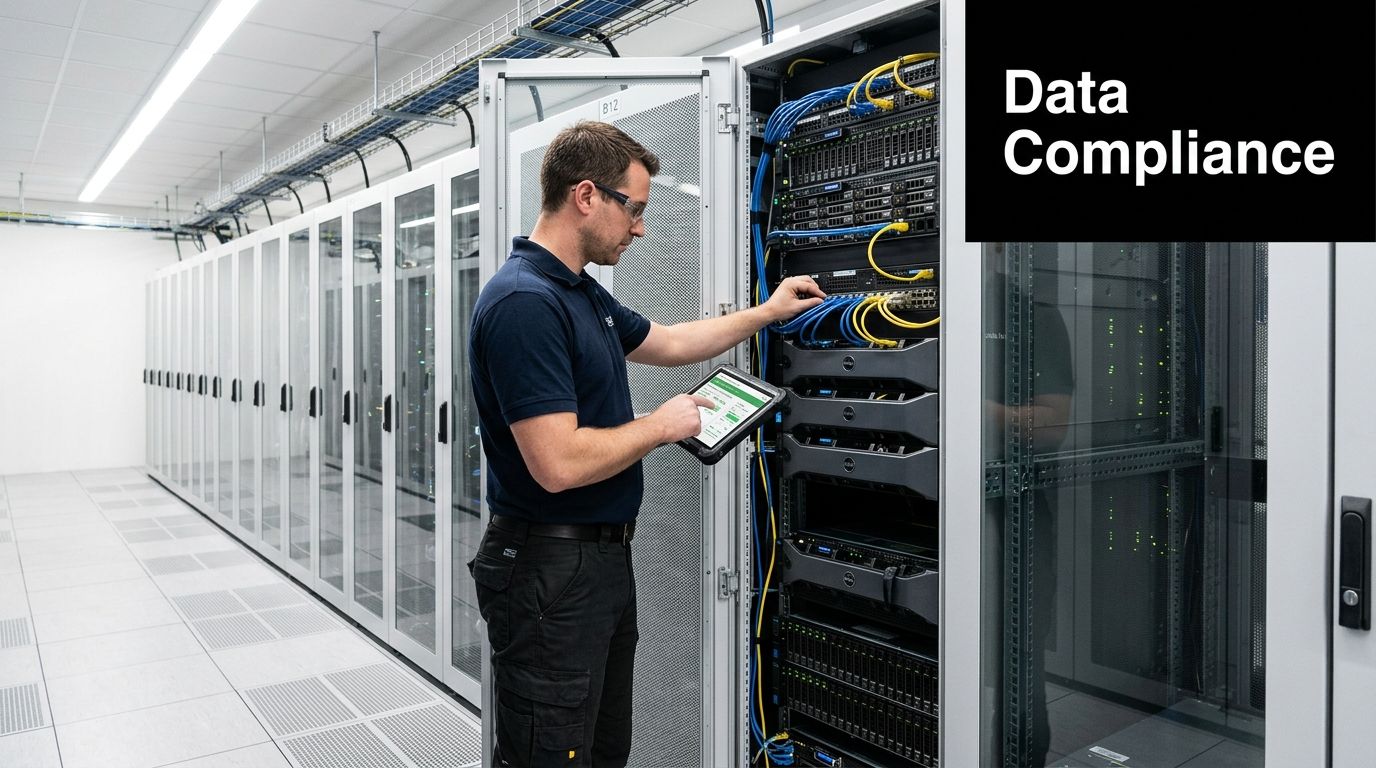 A professional technician working on server racks in a modern data center while using a tablet device.