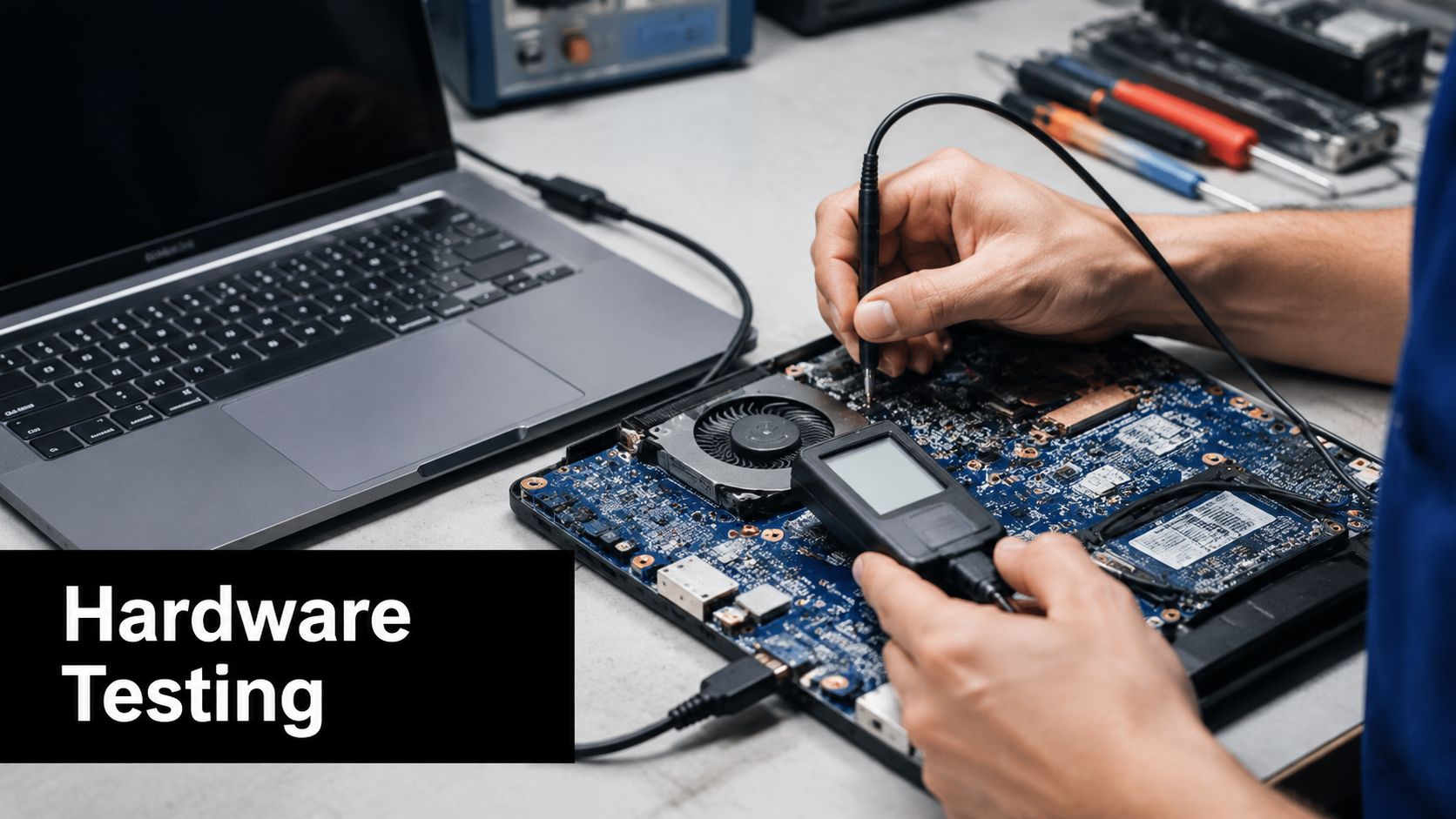 A technician performing hardware testing on a laptop motherboard using a multimeter and a computer.