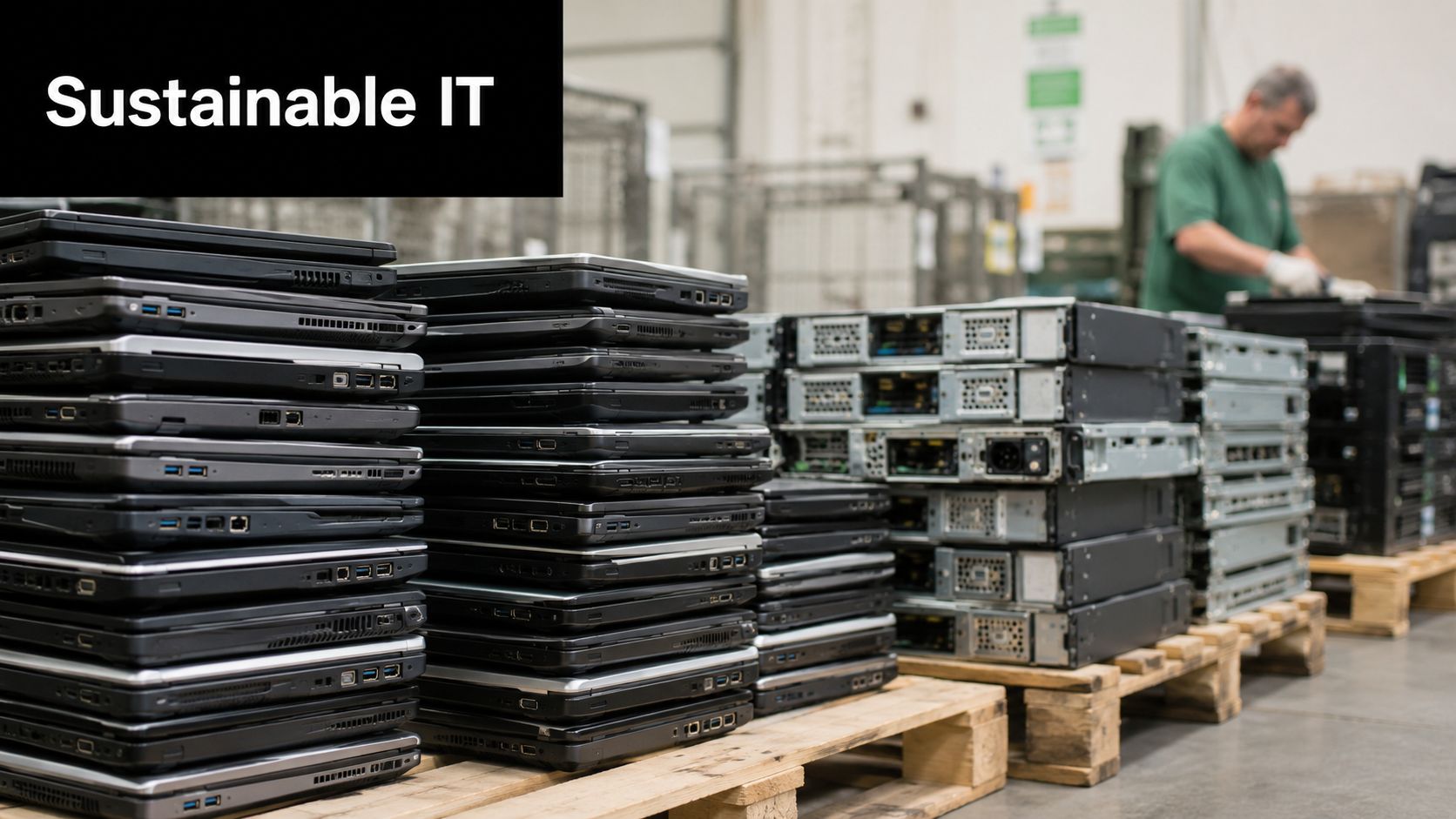 A warehouse worker organizing stacks of recycled laptops and server equipment for sustainable IT operations.
