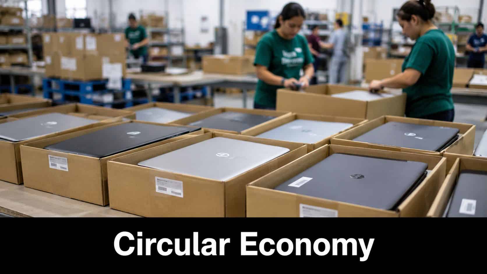 Workers in a warehouse packaging refurbished laptop computers into cardboard boxes as part of a circular economy.