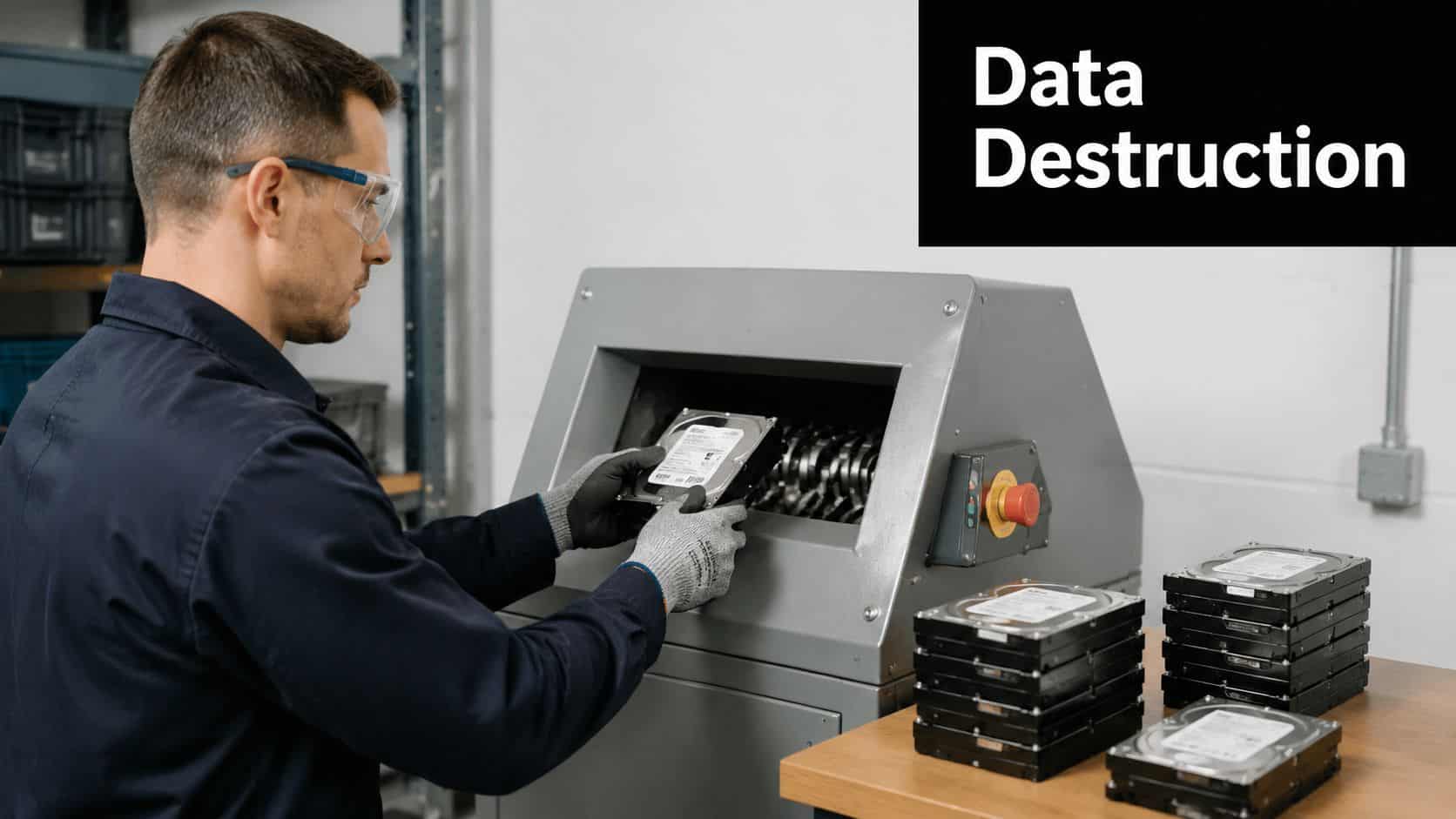 A professional technician safely feeds a hard drive into an industrial shredder for secure data destruction services.
