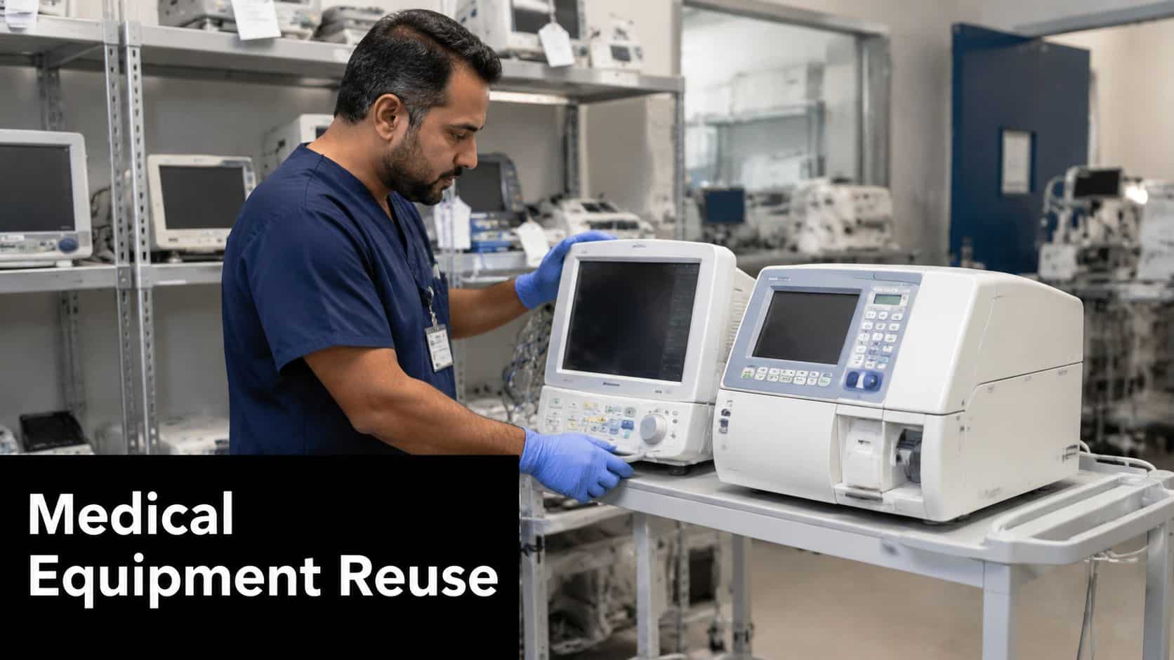 A biomedical technician in scrubs examines medical monitoring equipment at a refurbishment facility in Atlanta.