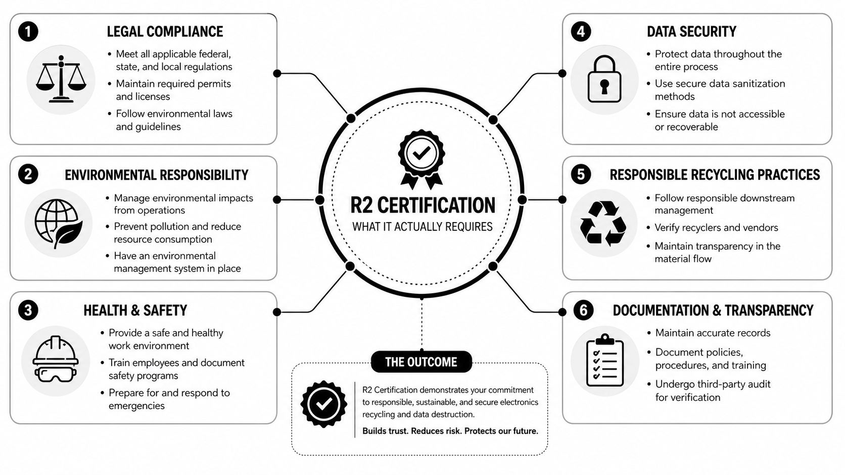 A diagram outlining the six core requirements and benefits of obtaining R2 certification for electronics recycling.