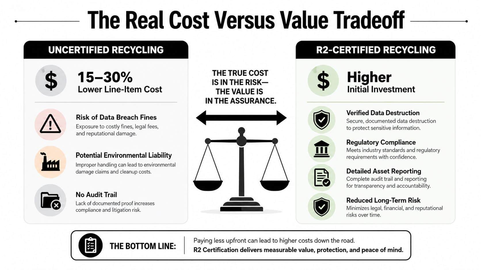 A comparison chart showing the trade-off between uncertified and R2-certified electronics recycling for business safety.