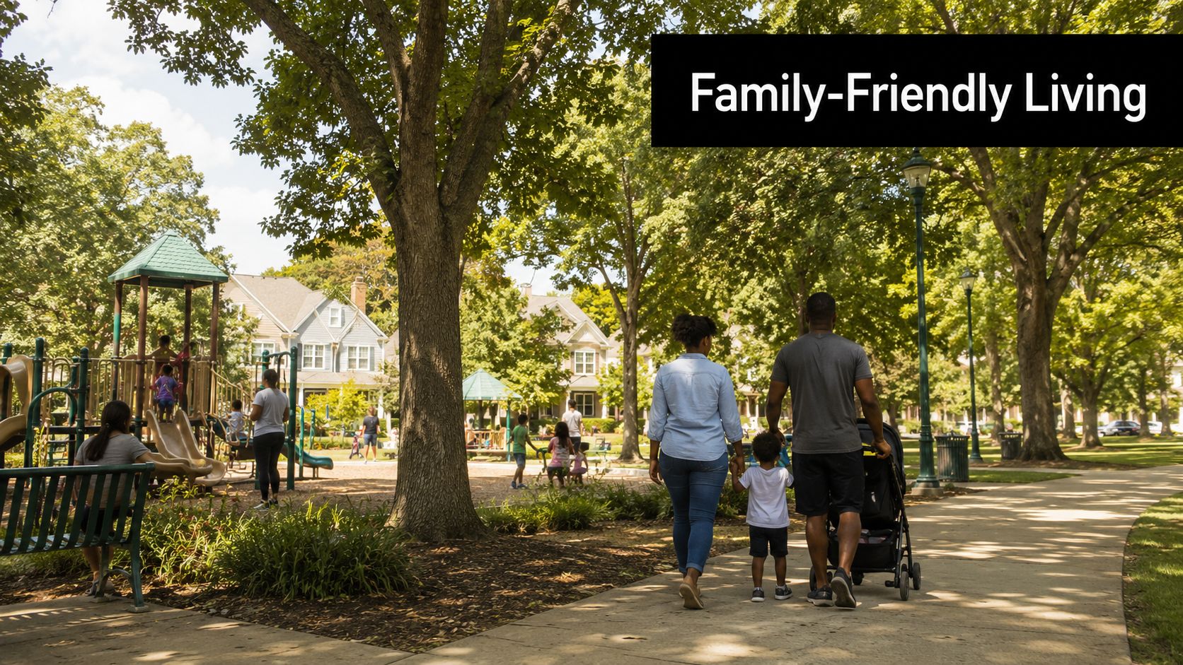 A family walking on a park path near a neighborhood playground with houses in the background.