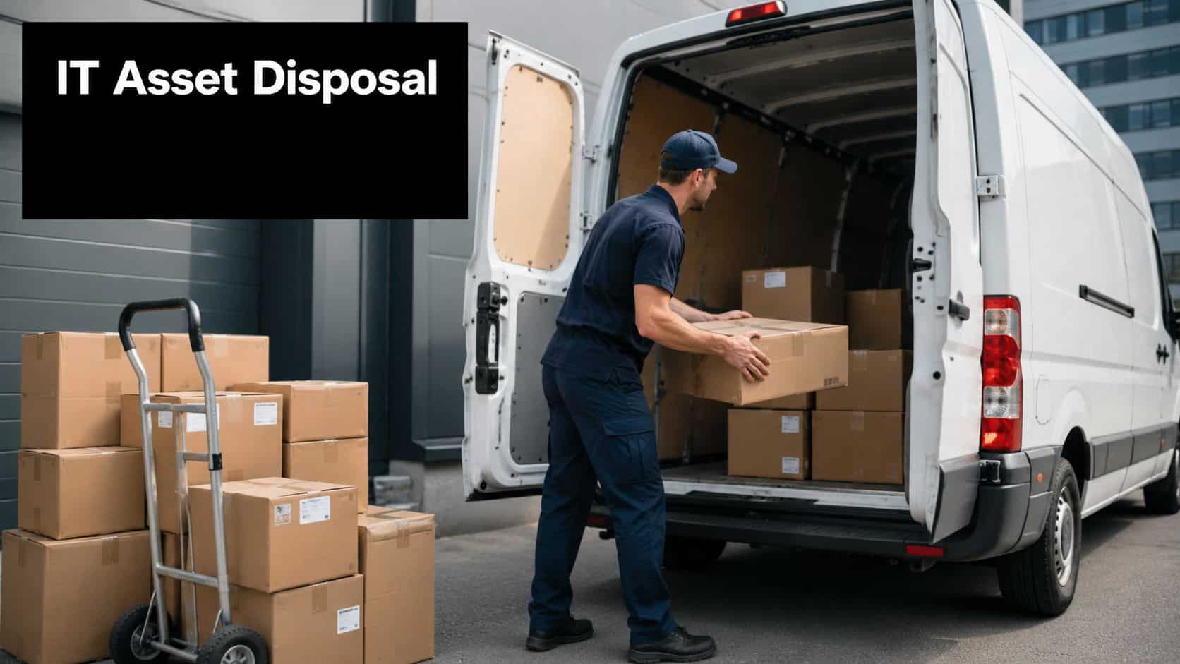A professional delivery worker loading cardboard boxes into the back of a white cargo van for disposal.