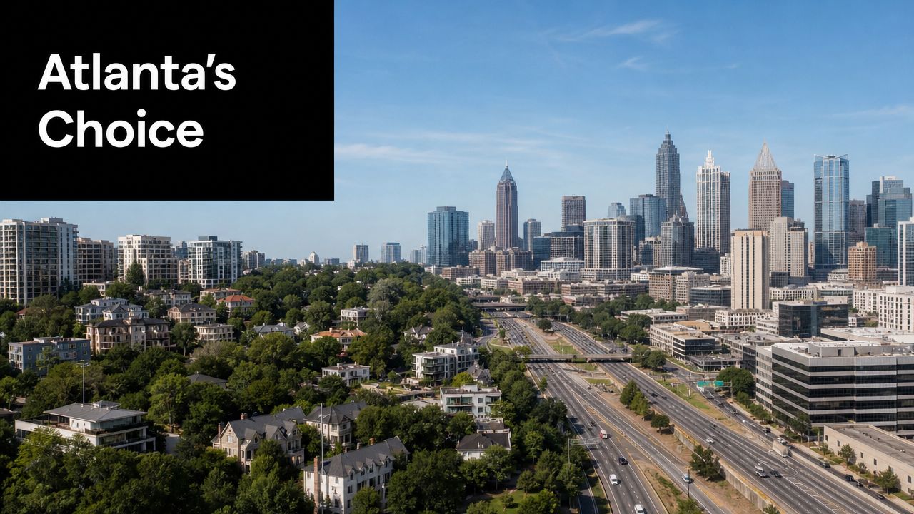 A wide aerial view of the Atlanta skyline featuring lush green trees alongside a major highway.
