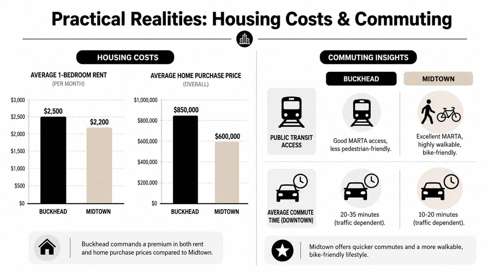 A comparative infographic showing housing costs and commuting realities between the Buckhead and Midtown neighborhoods in Atlanta.