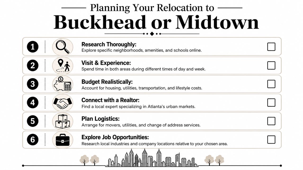 A checklist graphic providing six essential steps for planning a relocation to Buckhead or Midtown, Atlanta.