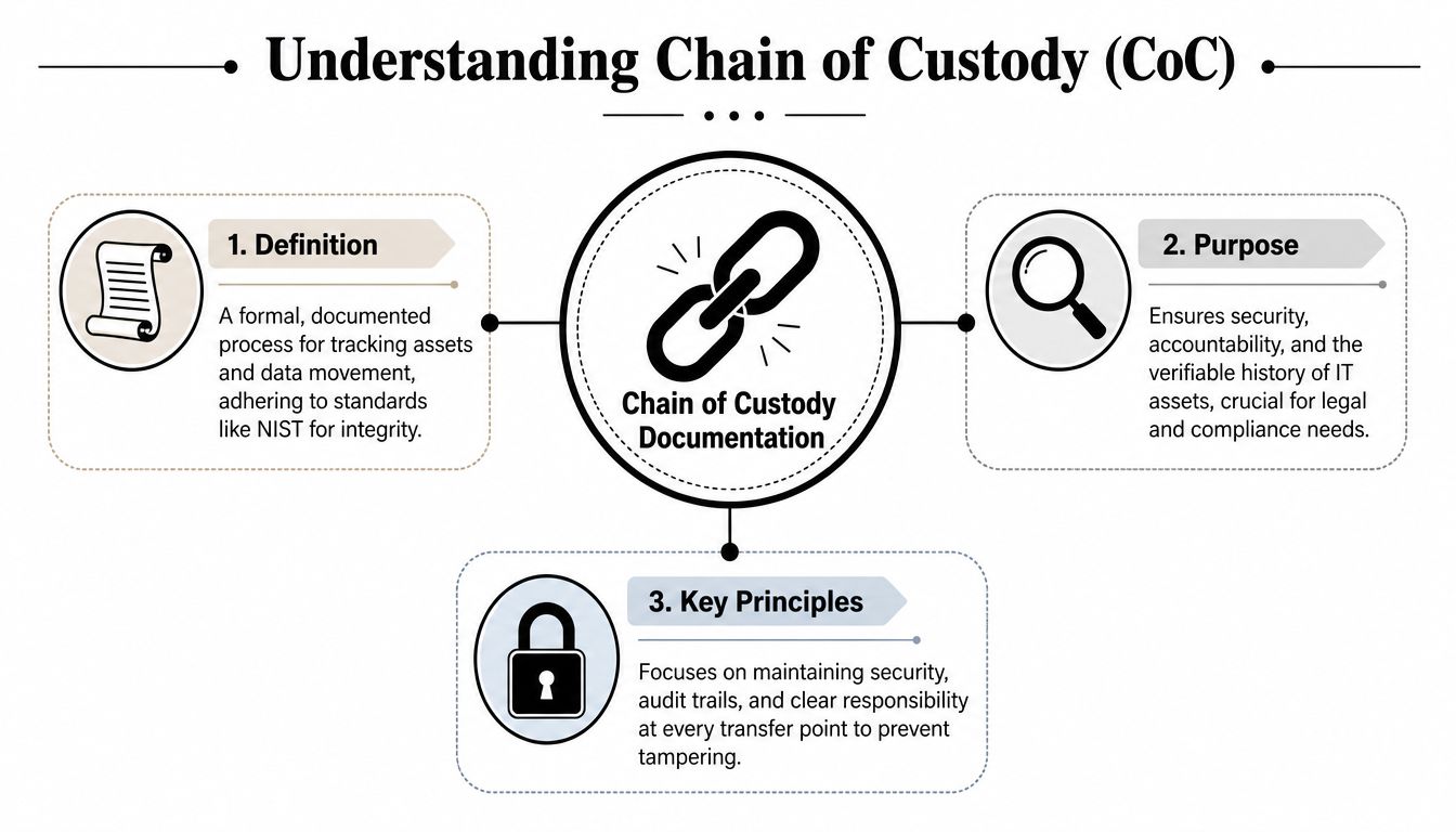 An infographic titled Understanding Chain of Custody explaining its definition, purpose, and key principles for data security.