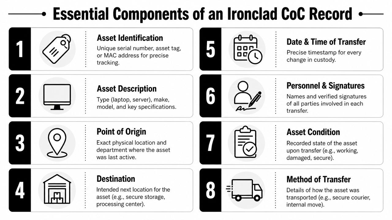 An infographic detailing the eight essential components for maintaining a comprehensive and secure chain of custody record.