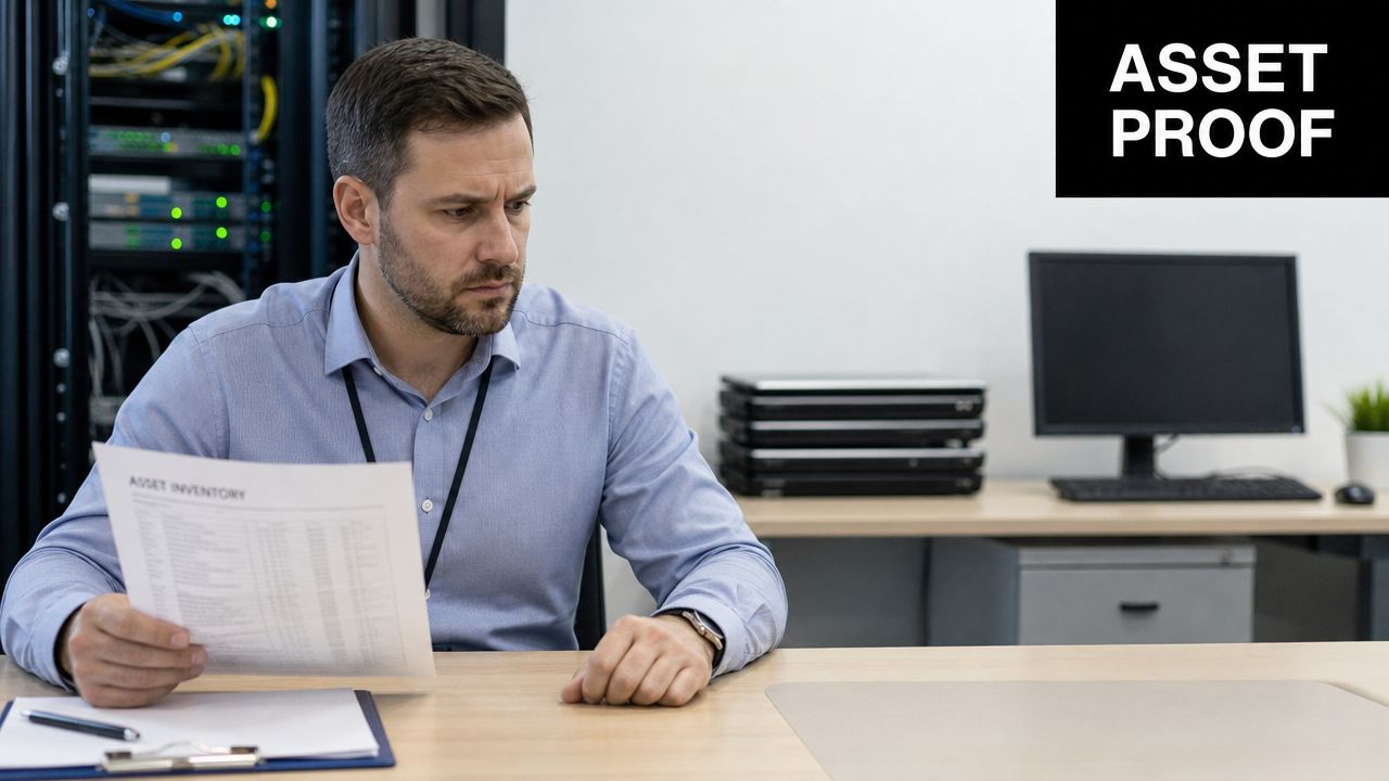 A professional man in a blue shirt reviewing asset inventory documents in a server room office.
