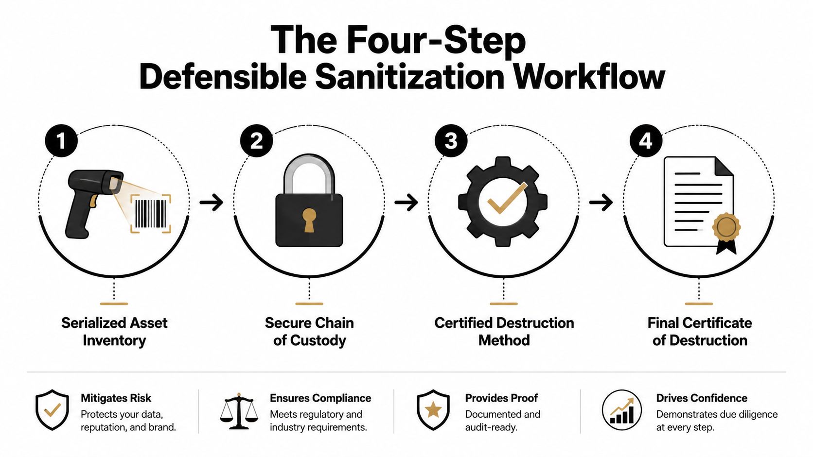 A four-step infographic illustrating the professional data sanitization workflow for secure business information destruction.