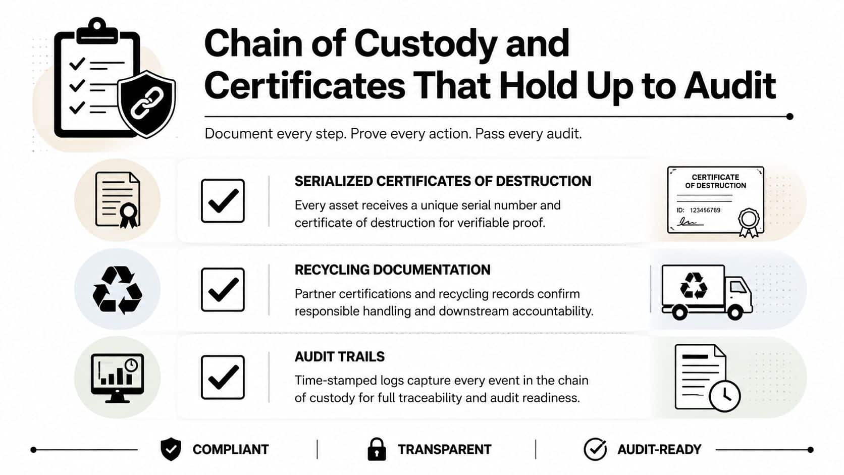 A professional infographic detailing the chain of custody and documentation process for secure electronics recycling and asset destruction.
