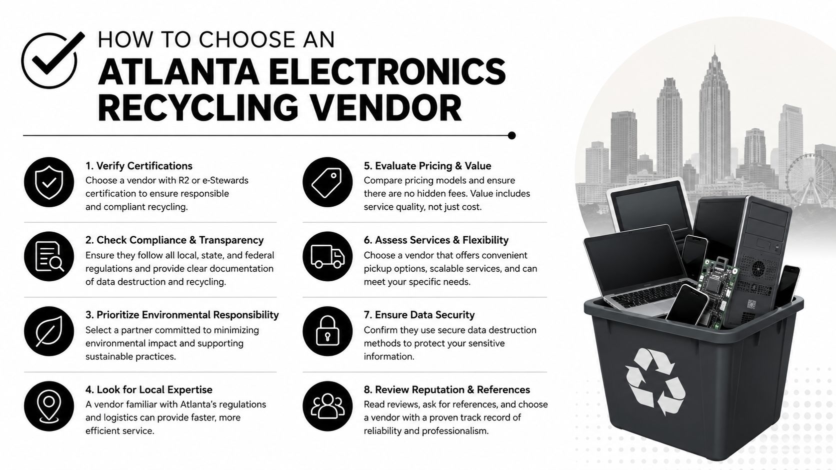 A checklist for choosing an electronics recycling vendor in Atlanta, featuring tips on security and compliance.
