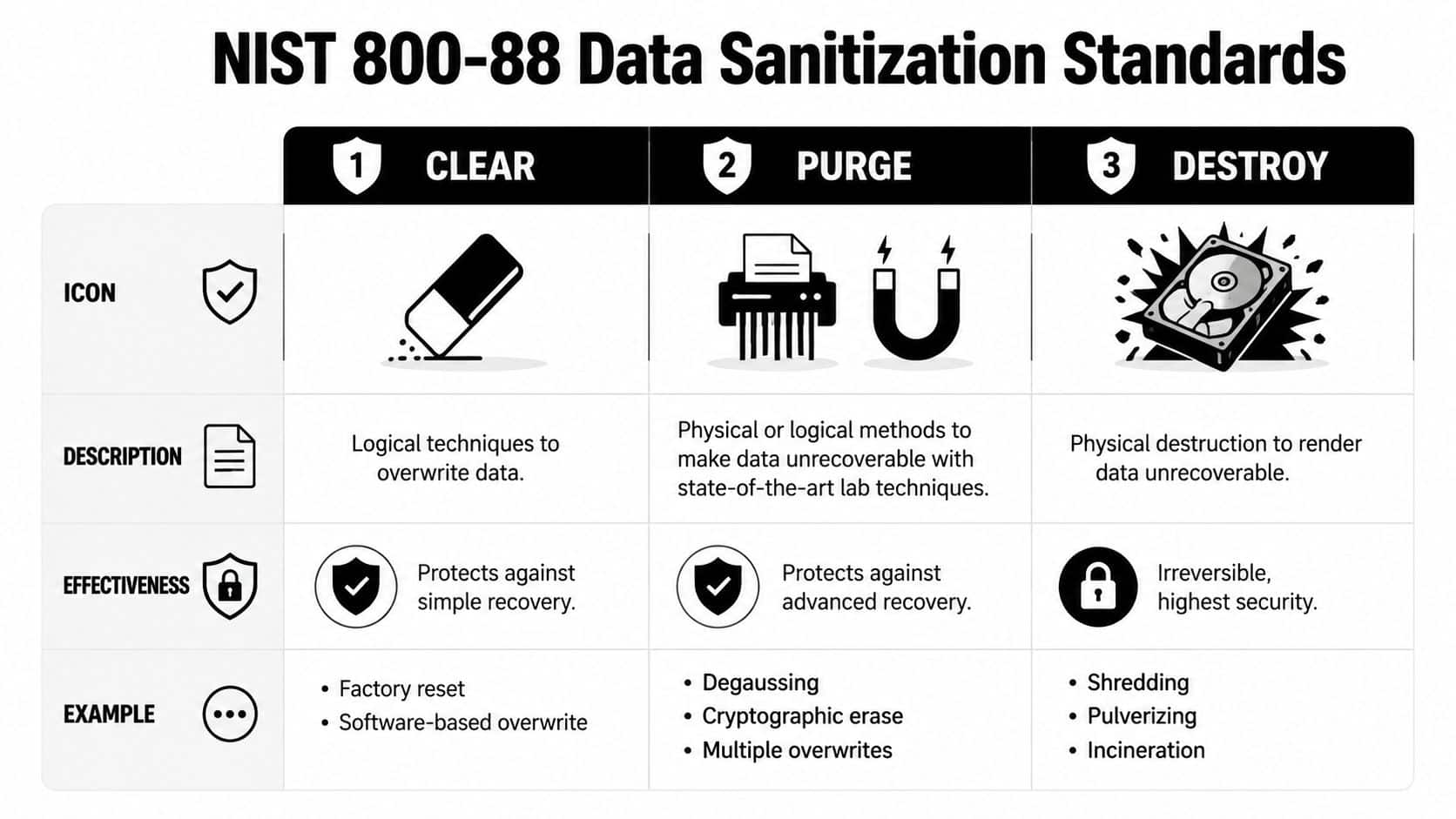 A chart detailing NIST 800-88 data sanitization standards, categorizing clear, purge, and destroy methods with examples.