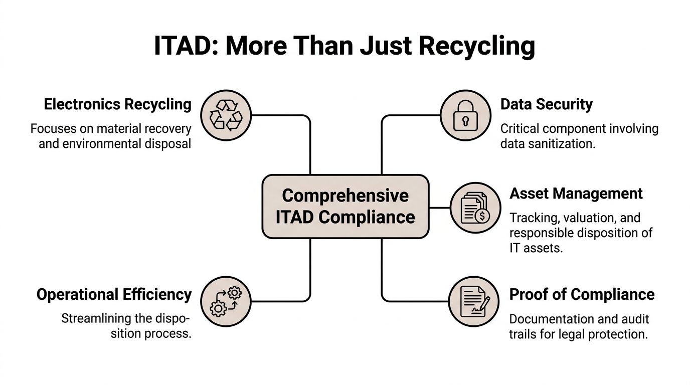 A diagram illustrating ITAD components including electronics recycling, data security, asset management, operational efficiency, and compliance documentation.