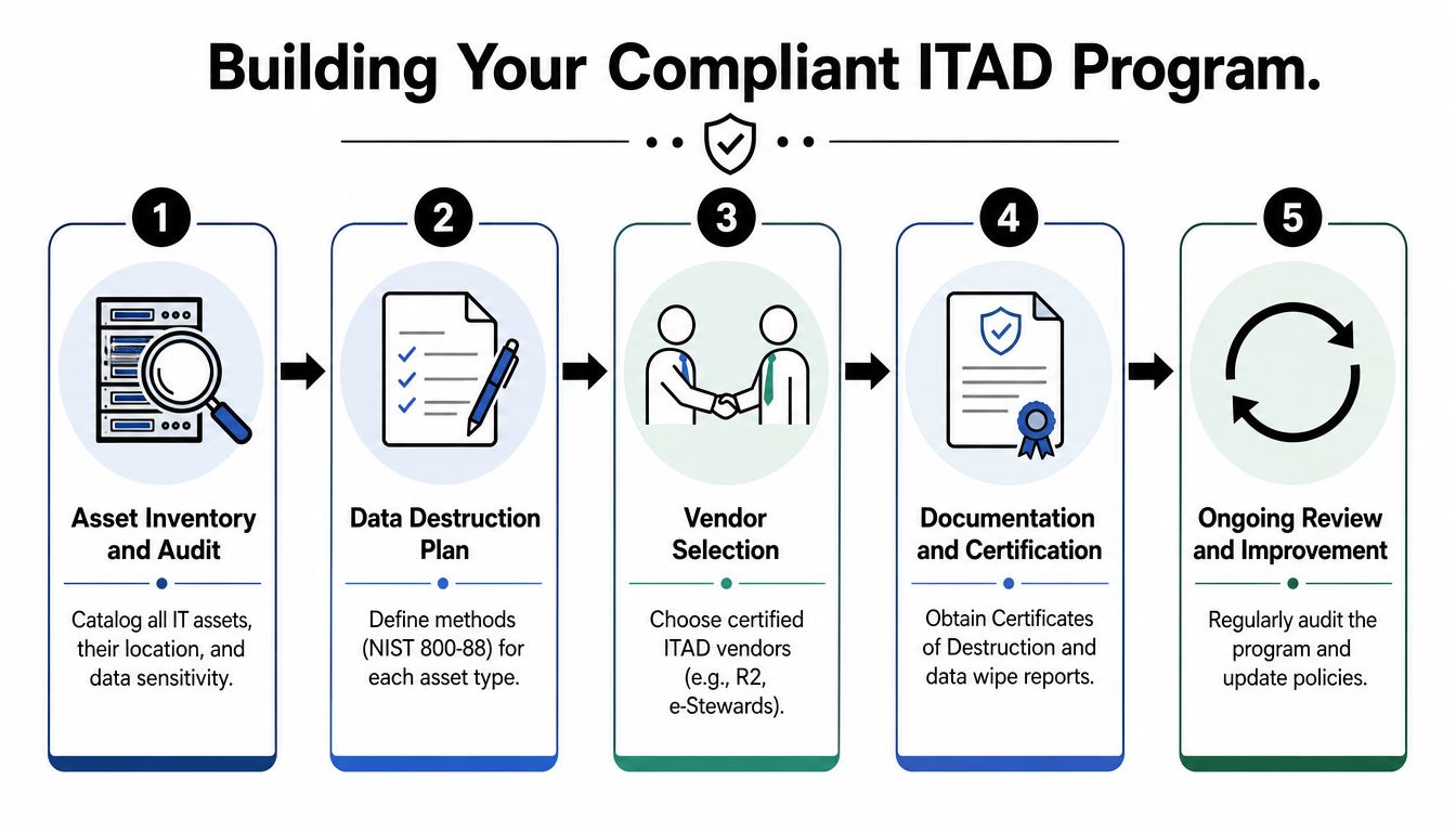 A five-step flowchart outlining the process for creating a compliant IT Asset Disposition program for businesses.