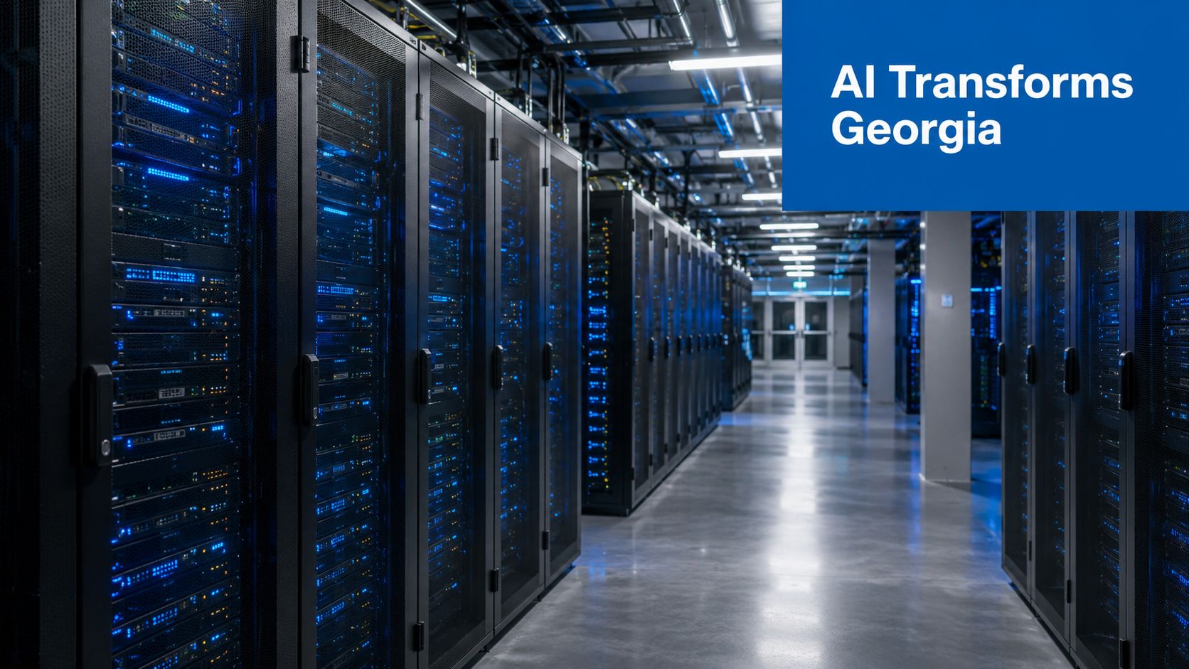 A modern data center aisle with glowing blue server racks lining both sides of the corridor.