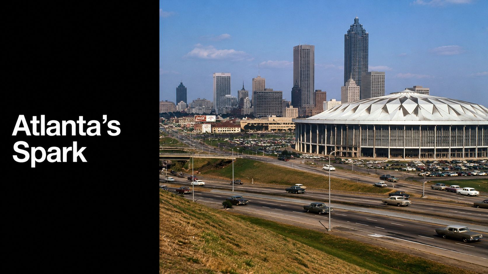 A historic view of the Atlanta skyline featuring the Georgia Dome and surrounding highway infrastructure.