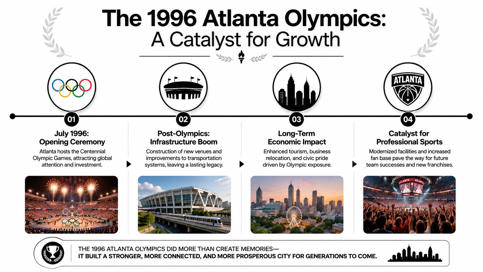 An infographic detailing the long-term economic, infrastructure, and sports impact of the 1996 Atlanta Olympic Games.