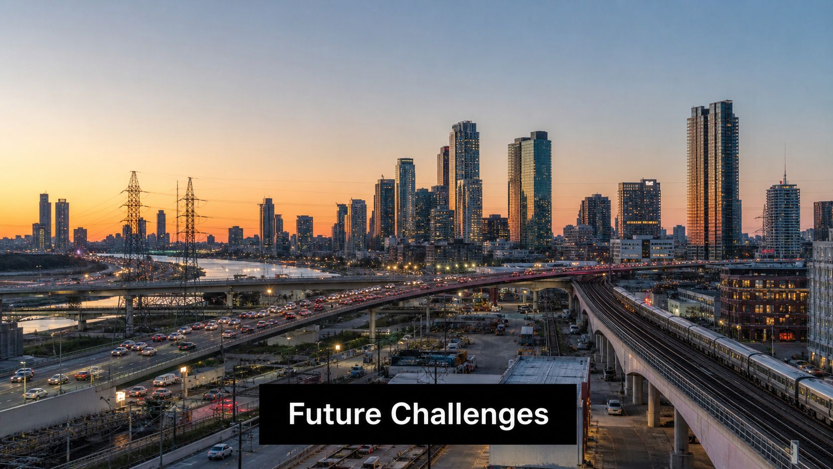 A scenic cityscape view of a modern urban downtown skyline during a vibrant sunset over highways.