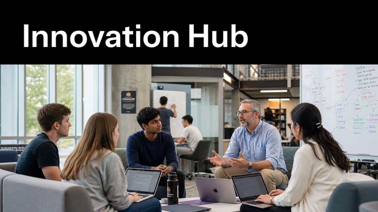 A diverse group of students collaborating with an instructor in a modern innovation hub office space.