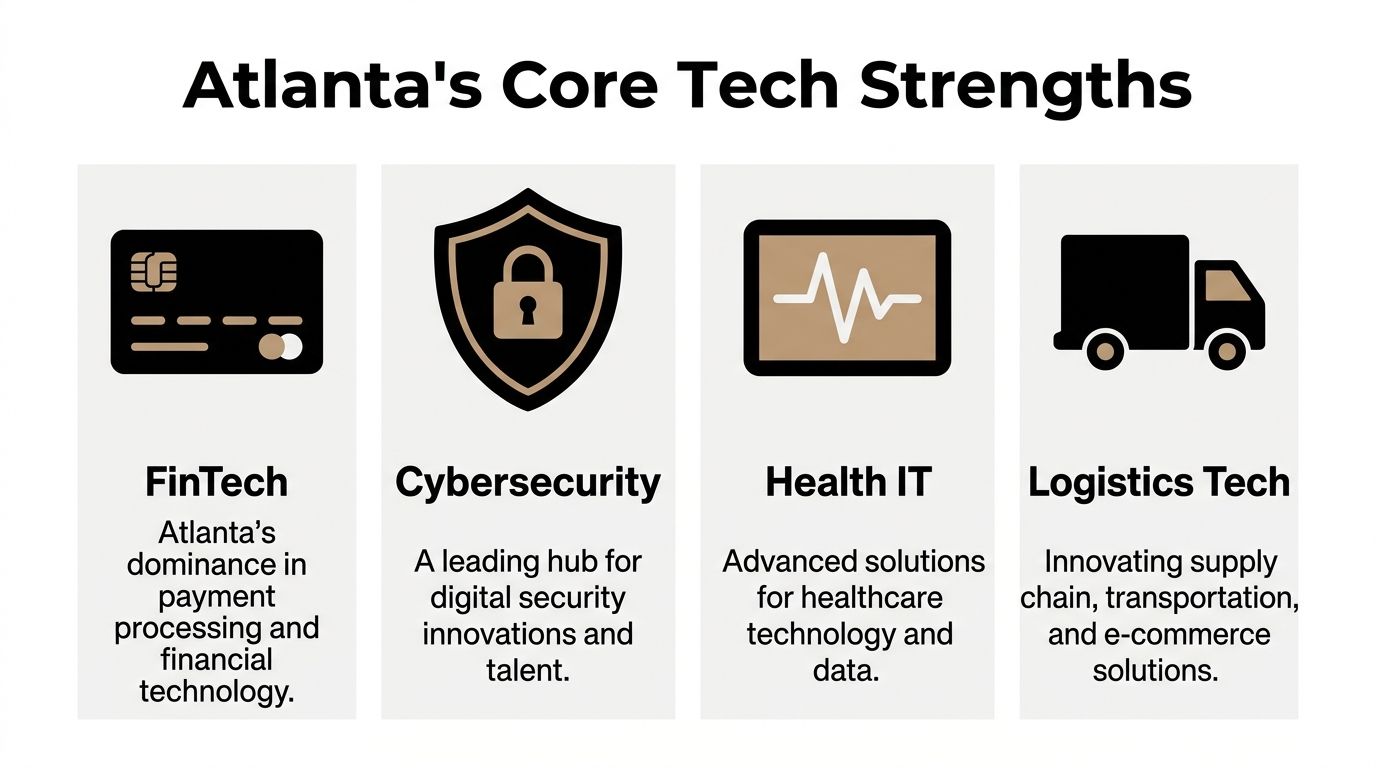 An infographic titled Atlanta's Core Tech Strengths featuring icons for FinTech, Cybersecurity, Health IT, and Logistics Tech.