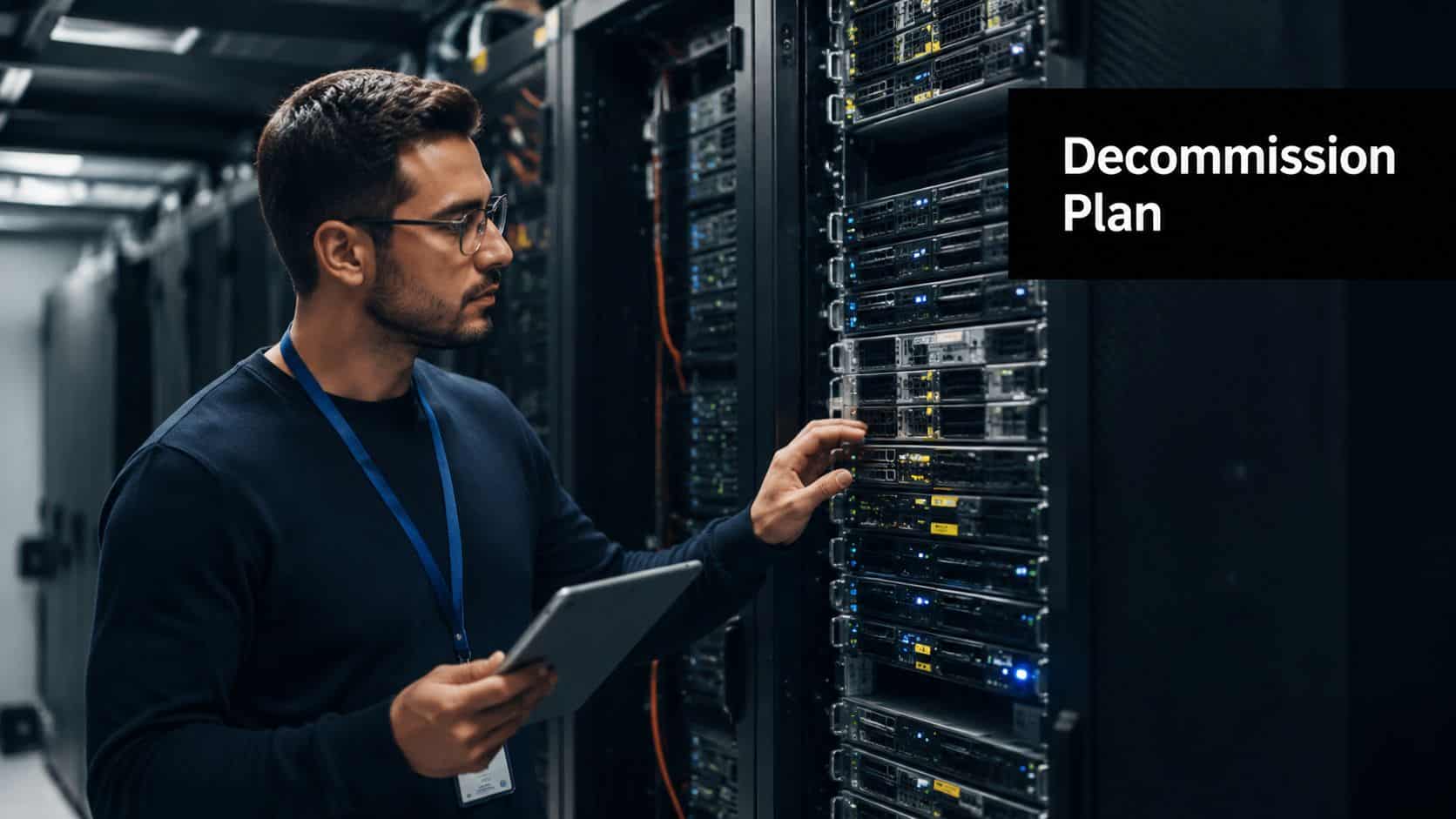 A technician wearing glasses holds a tablet while inspecting server rack equipment in a data center.