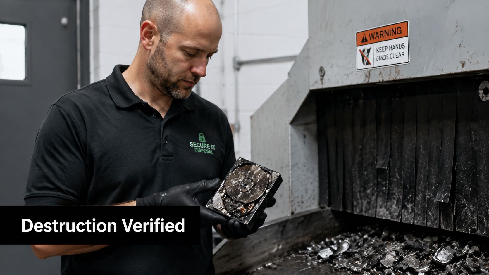 A professional technician wearing safety gloves holds a destroyed hard drive near an industrial shredding machine.